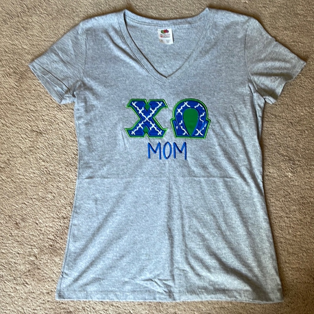 Chi Omega, mom shirt - custom-made Greek letters - royal blue &  green - size S